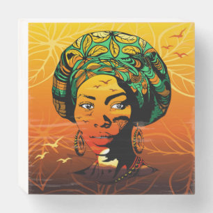 African Woman Portrait with Sunset Wooden Box Sign