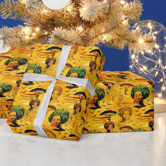 African Woman Portrait with Sunset Wrapping Paper (Holidays)