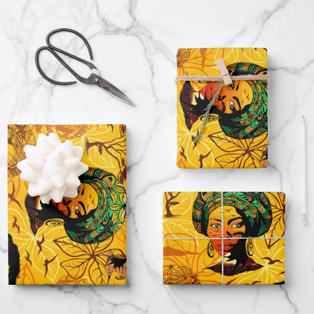 African Woman Portrait with Sunset Wrapping Paper Sheets (Front)