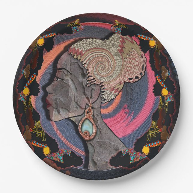 African woman profile on a woven basket paper plates (Front)