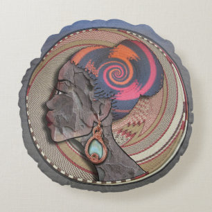 African woman profile on a woven basket round pillow