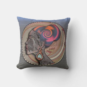 African woman profile on a woven basket throw pillow