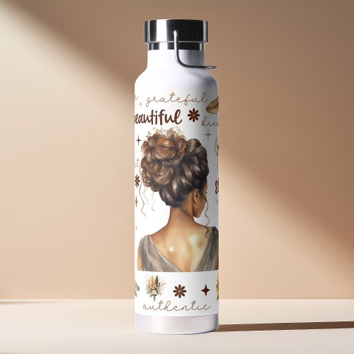 African Woman With Brown Hair Boho Affirmation Water Bottle