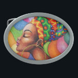 African Woman with Wax Traditional Fabric Belt Buckle<br><div class="desc">Stylized African Woman portrait,  wearing and surrounded by Bright Colors of the Traditional Wax Fabric Design. Original Hand Drawing Copyright BluedarkArt.</div>
