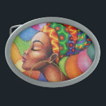 African Woman with Wax Traditional Fabric Belt Buckle<br><div class="desc">Stylized African Woman portrait,  wearing and surrounded by Bright Colors of the Traditional Wax Fabric Design. Original Hand Drawing Copyright BluedarkArt.</div>