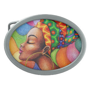 African Woman with Wax Traditional Fabric Belt Buckle
