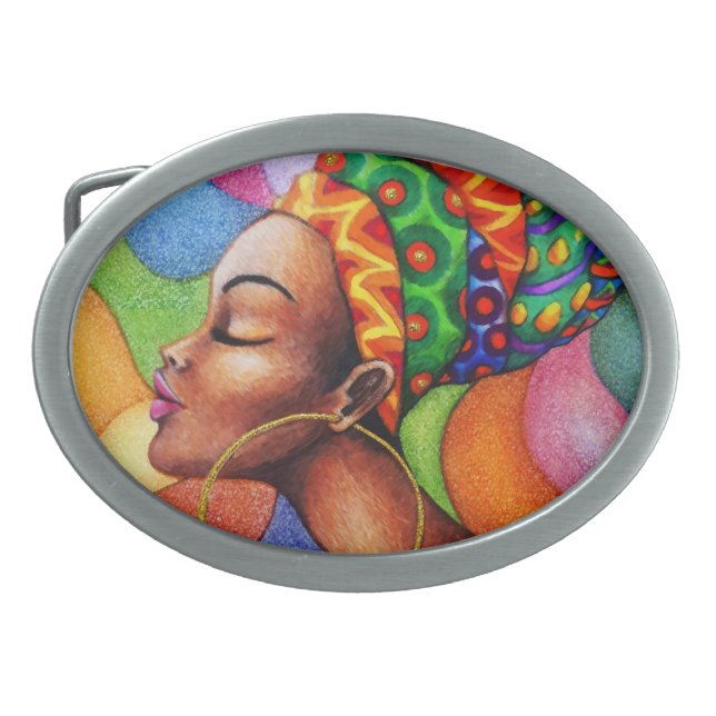 African Woman with Wax Traditional Fabric Belt Buckle (Front)