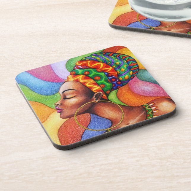 African Woman with Wax Traditional Fabric Beverage Coaster (Left Side)