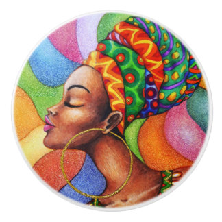 African Woman with Wax Traditional Fabric Ceramic Knob