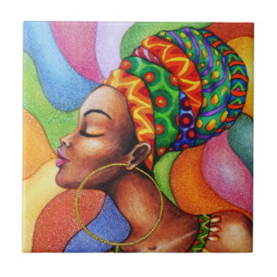 African Woman with Wax Traditional Fabric Ceramic Tile