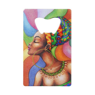 African Woman with Wax Traditional Fabric Credit Card Bottle Opener