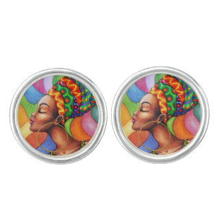 African Woman with Wax Traditional Fabric Cufflinks