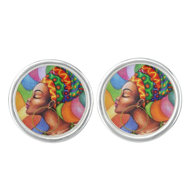 African Woman with Wax Traditional Fabric Cufflinks (Front)