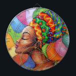 African Woman with Wax Traditional Fabric Dart Board<br><div class="desc">Stylized African Woman portrait,  wearing and surrounded by Bright Colors of the Traditional Wax Fabric Design. Original Hand Drawing Copyright BluedarkArt.</div>