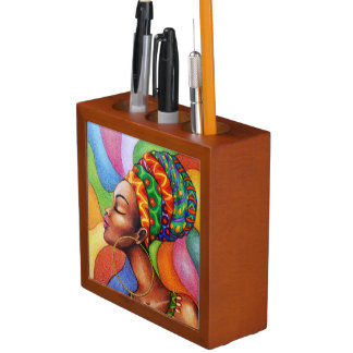 African Woman with Wax Traditional Fabric Desk Organizer