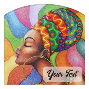 African Woman with Wax Traditional Fabric Door Sign