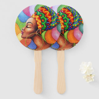 African Woman with Wax Traditional Fabric Hand Fan