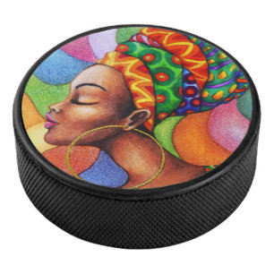 African Woman with Wax Traditional Fabric Hockey Puck