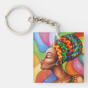 African Woman with Wax Traditional Fabric Keychain