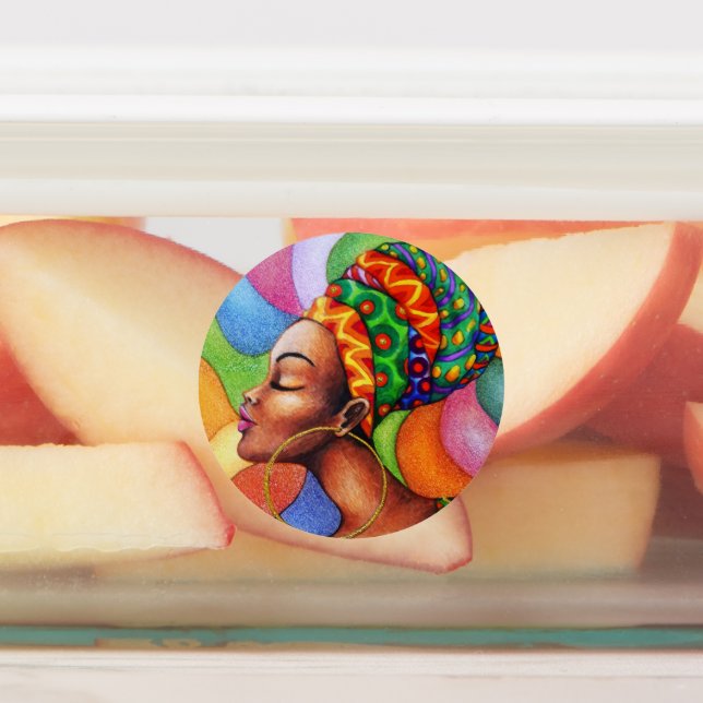 African Woman with Wax Traditional Fabric Labels (Affixed)