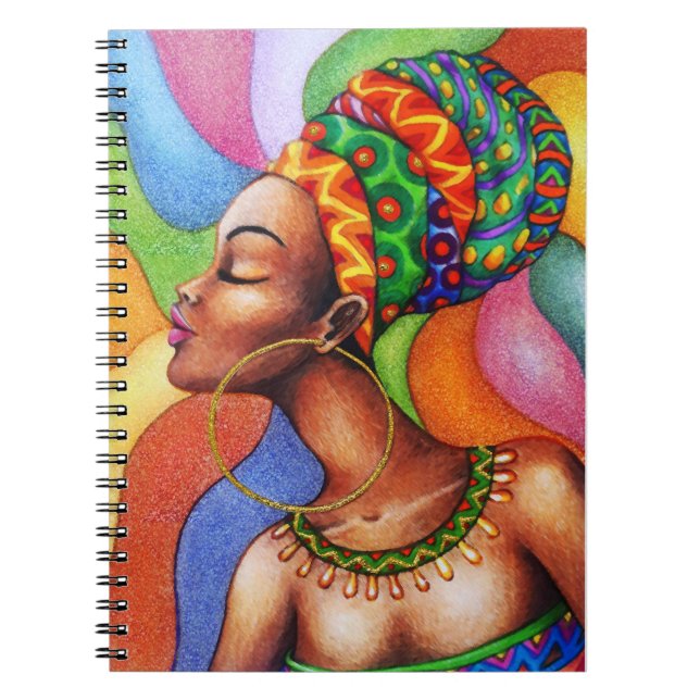 African Woman with Wax Traditional Fabric Notebook (Front)