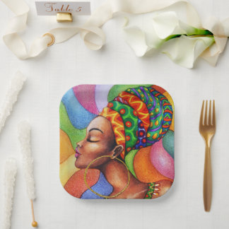 African Woman with Wax Traditional Fabric Paper Plates