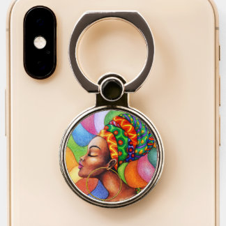 African Woman with Wax Traditional Fabric Phone Ring Stand