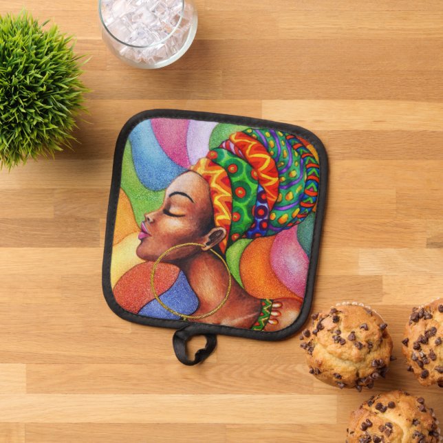 African Woman with Wax Traditional Fabric Pot Holder (Top Down)