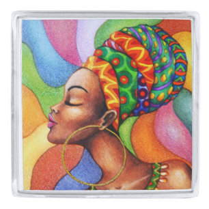 African Woman with Wax Traditional Fabric Silver Finish Lapel Pin