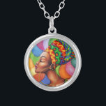 African Woman with Wax Traditional Fabric Silver Plated Necklace<br><div class="desc">Stylized African Woman portrait,  wearing and surrounded by Bright Colors of the Traditional Wax Fabric Design. Original Hand Drawing Copyright BluedarkArt.</div>