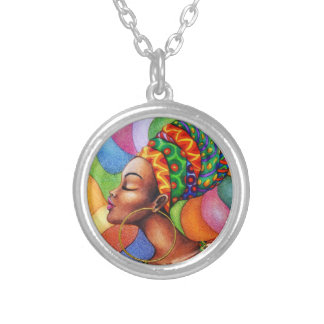 African Woman with Wax Traditional Fabric Silver Plated Necklace