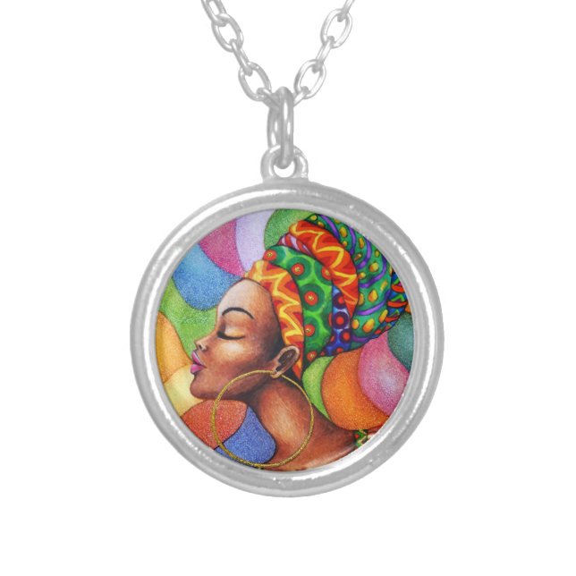 African Woman with Wax Traditional Fabric Silver Plated Necklace (Front)