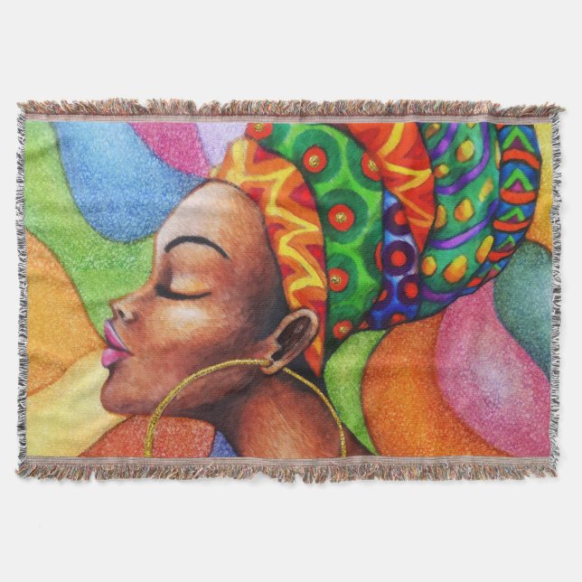African Woman with Wax Traditional Fabric Throw Blanket (Front)
