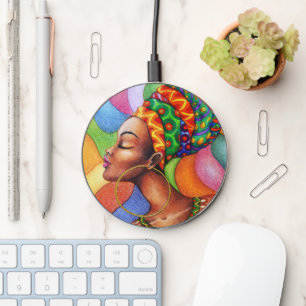 African Woman with Wax Traditional Fabric Wireless Charger
