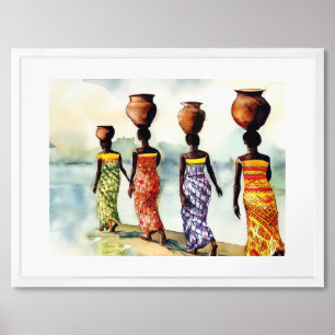 African Women Basket on Heads Long Gowns Heritage Framed Art