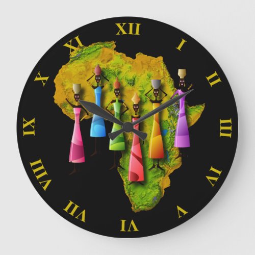 African Women In Colorful Dresses On Africa Map Large Clock