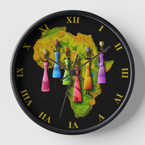 African Women On Africa Map In Colorful Dresses Clock