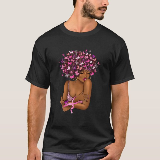 Afro African Black Woman Pink Ribbon Breast Cancer T-Shirt (Front)