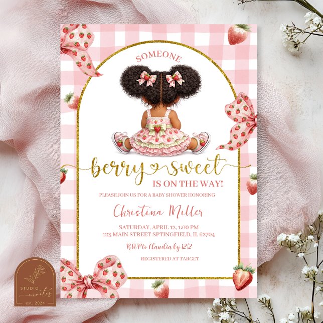 Afro African Girl Pink Bow strawberry berry sweet  Invitation (Creator Uploaded)