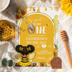 Afro African Girl Sunflower Honey Bee 1st Bithday  Invitation