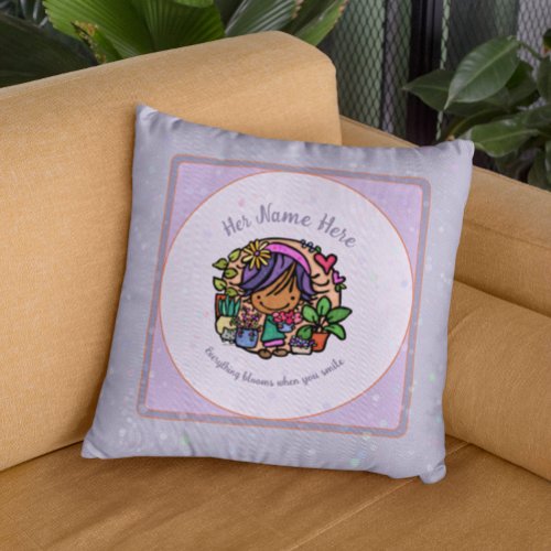 Afro American Cute Girl Loves Plants and Cats  Throw Pillow