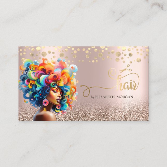 Afro American Woman Colorful Hair Scissors Business Card (Front)