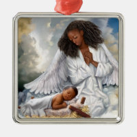 Afro Angel and Baby Jesus Christmas Ornaments