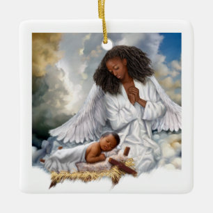 Afro Angel and Baby Jesus Christmas Ornaments