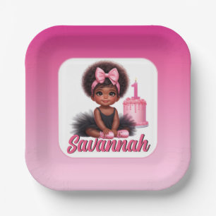 Afro Baby Girl Pink & Black Tutu 1st Birthday Paper Plates