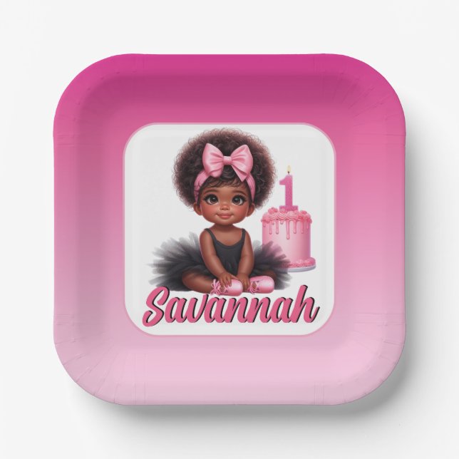 Afro Baby Girl Pink & Black Tutu 1st Birthday Paper Plates (Front)