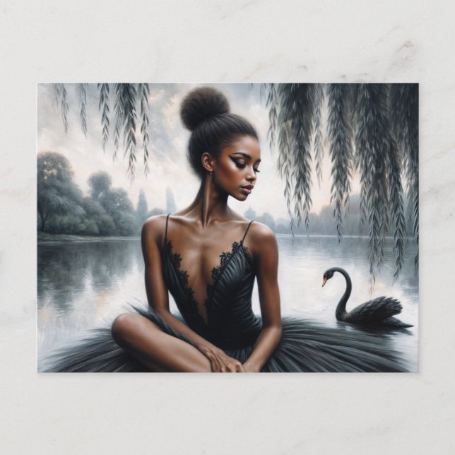 Afro Ballerina in Black Tutu With Swan Moody Art Postcard (Front)