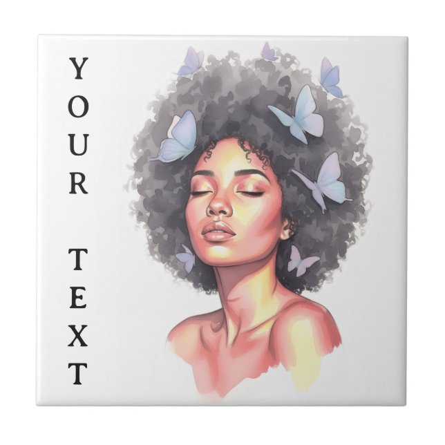 Afro Beauty with Butterflies – Watercolor Portrait Ceramic Tile (Front)