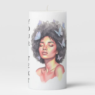 Afro Beauty with Butterflies – Watercolor Portrait Pillar Candle