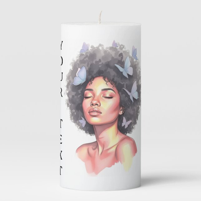 Afro Beauty with Butterflies – Watercolor Portrait Pillar Candle (Front)